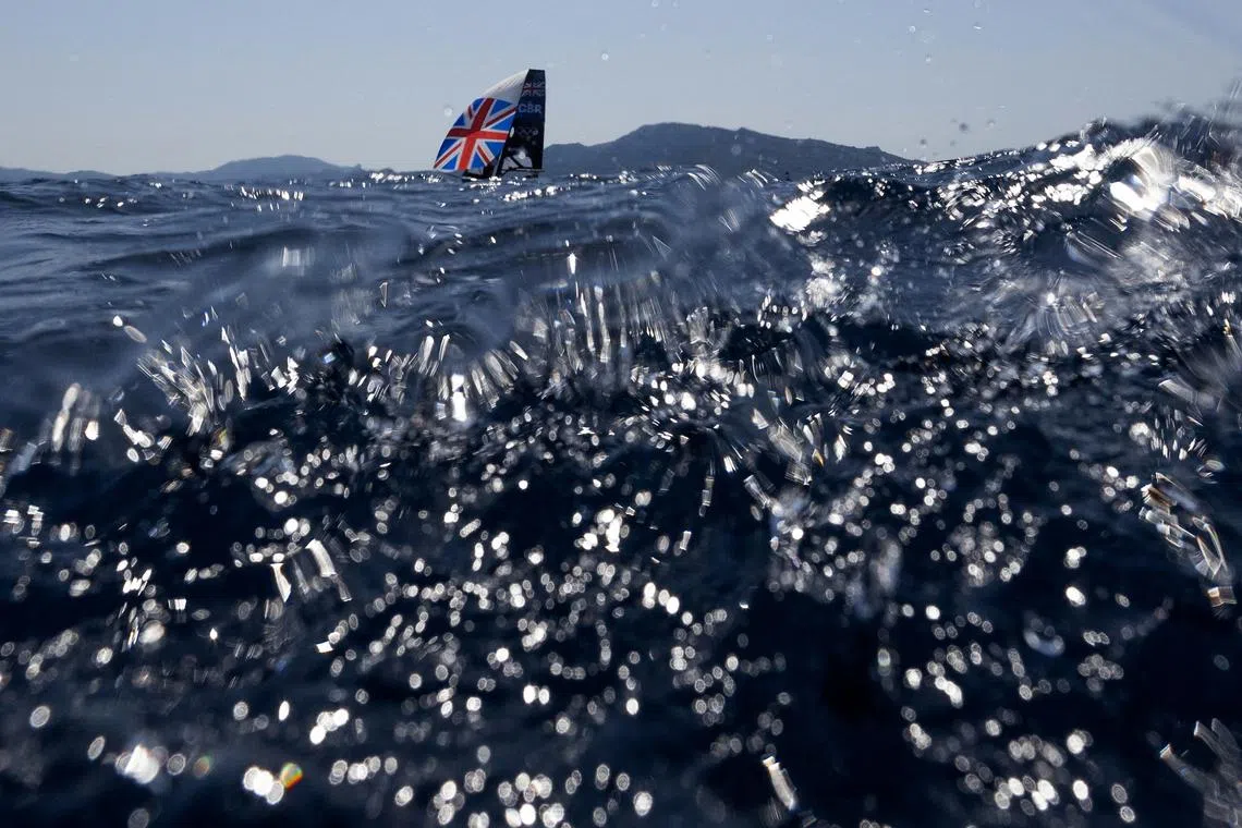 Saskia Tidey and Freya Black of Britain in action. during the Women's Skiff event at the Paris 2024 Olympics held at the Marseille Marina, Marseille, France, on July 30, 2024. 