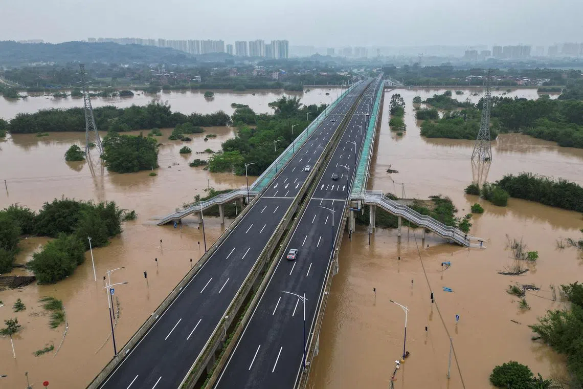 Floodwaters have submerged roads in Qingyuan city in Guangdong province on April 22, 2024. 