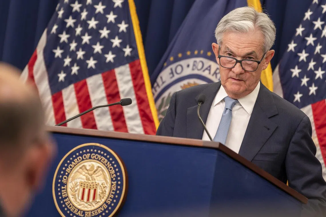 US Federal Reserve Board chairman Jerome Powell responds to  questions from the media, in Washington, on March 22, 2023.