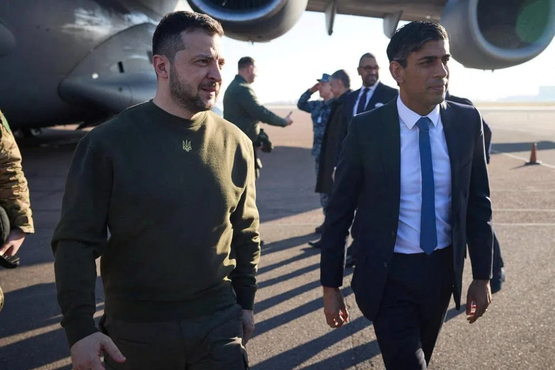 Ukraine's President Volodymyr Zelenskiy,who arrived in Stansted, Britain, will also meet King Charles and address parliament. 