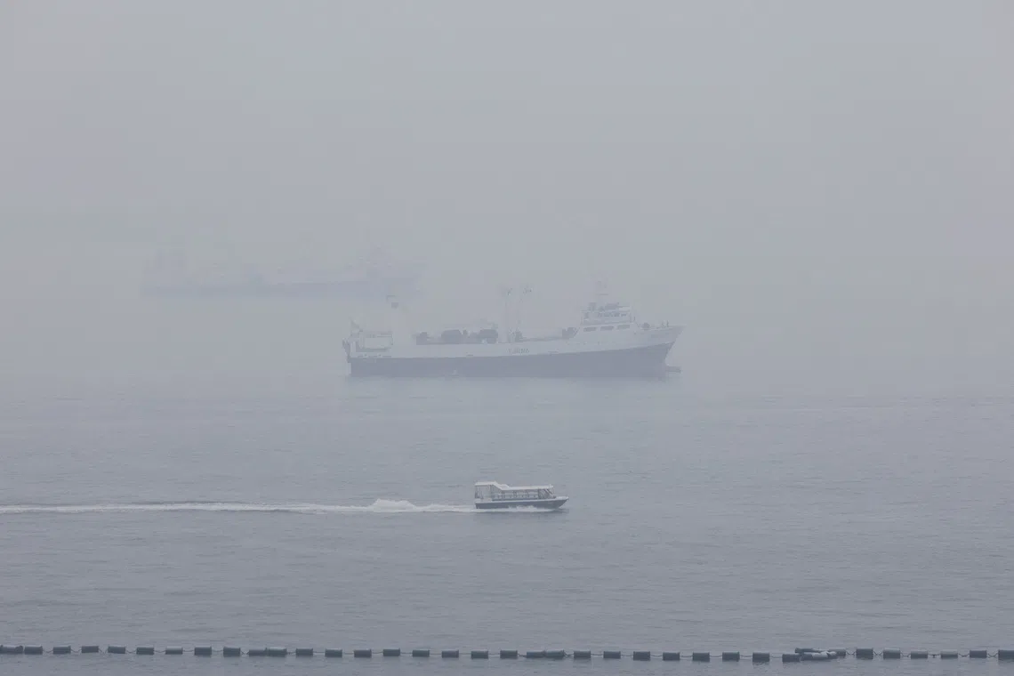 Haze shrouds ships anchored off the southern coast of Singapore, on Oct 14.