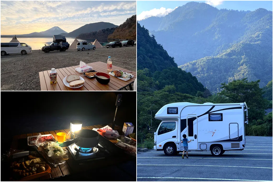 (Clockwise from top left) Sunset at the campervan, Singaporean editor Esther Tay rented a Toyota Camroad Bunk Bed campervan, buy food from supermarkets or at Michi-no-eki.