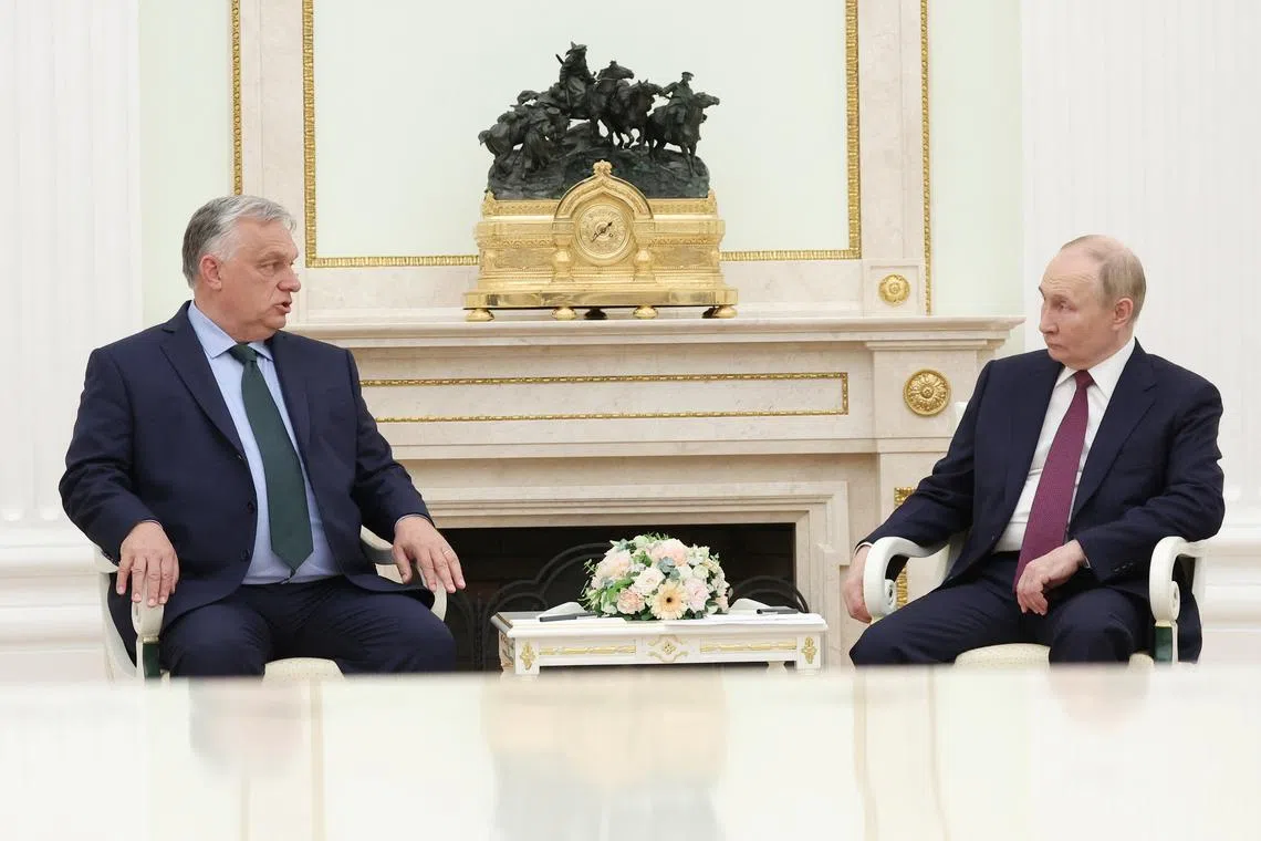 Russia's President Vladimir Putin and Hungary's Prime Minister Viktor Orban attend a meeting at the Kremlin in Moscow, Russia July 5, 2024. Sputnik/Valeriy Sharifulin/Pool via REUTERS/File Photo