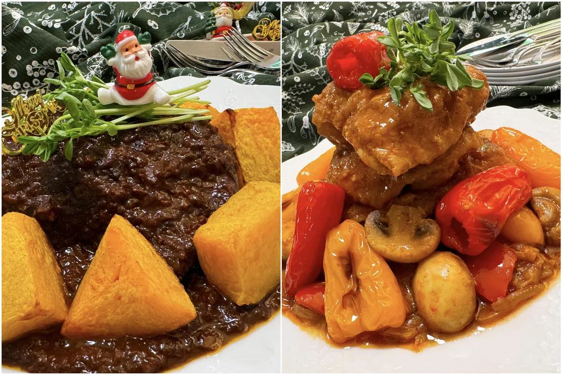 Beef cheek chocolate (left) and chicken goulash from Blue Spoon.