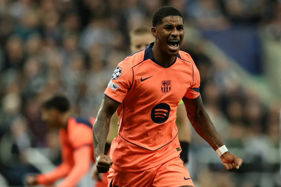 FILE PHOTO: Soccer Football - UEFA Champions League - Newcastle United v FC Barcelona - St James' Park, Newcastle, Britain - September 18, 2025 FC Barcelona's Marcus Rashford celebrates scoring their first goal REUTERS/Scott Heppell/File Photo