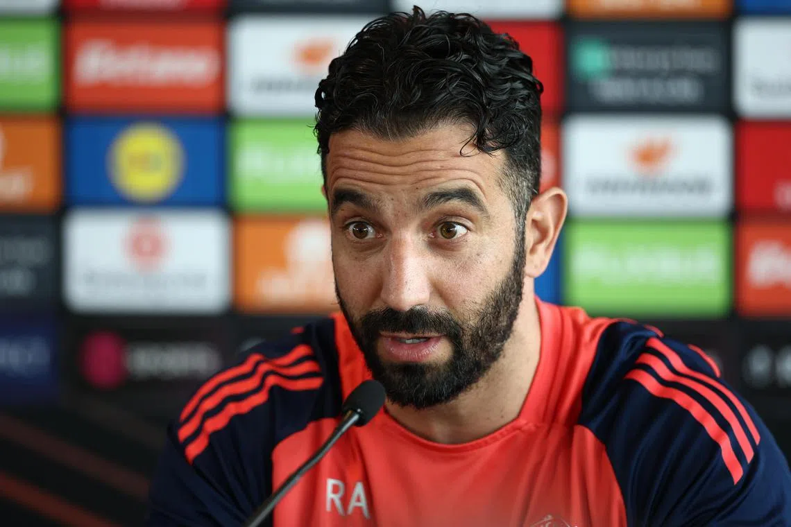 Manchester United manager Ruben Amorim attending a press conference in Manchester on May 7, ahead of their Europa League semi-final, second leg against Athletic Bilbao at Old Trafford on May 8, 2025.