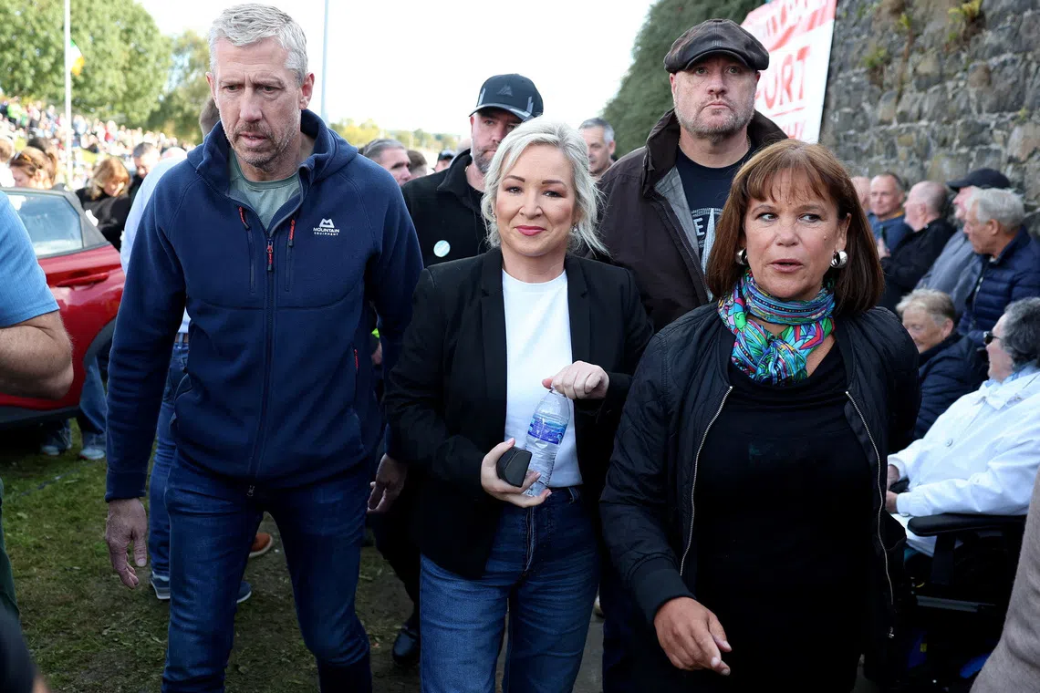 Northern Ireland First Minister, Michelle O'Neill and Sinn Fein president Mary Lou McDonald arrive at a protest against an Orange Order parade on the Garvaghy Road, in Portadown, Northern Ireland, October 3, 2026. REUTERS/Cathal McNaughton