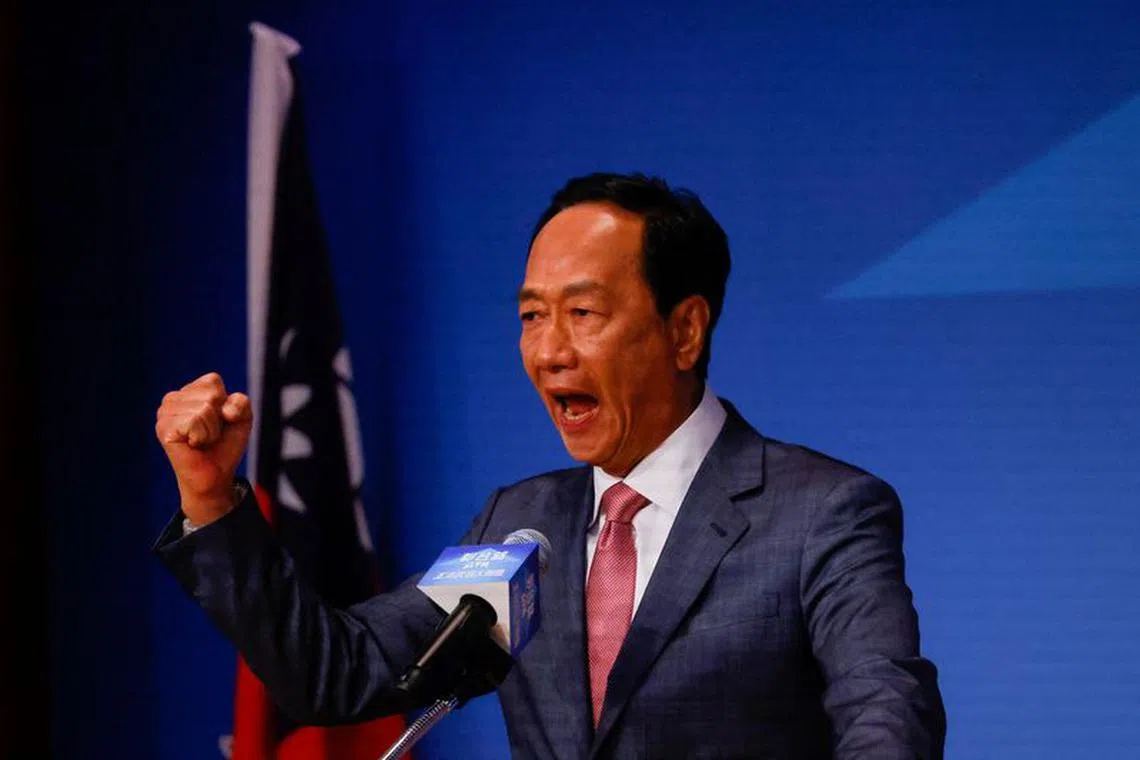 FILE PHOTO: Terry Gou, Foxconn founder announces his bid for the Taiwan presidency during a press event in Taipei, Taiwan August 28, 2023. REUTERS/Ann Wang/File Photo