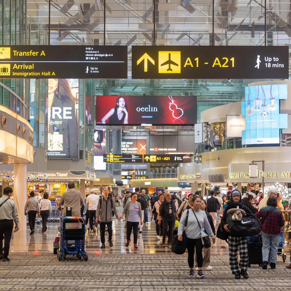 CMG20251215-NgohSB02/吴先邦/sheying_project3/拍机场里的游客，DFS商场（存档用)[Changi Airport T3]Generics of duty free area in Changi Airport Terminal 3 tags: duty free, lotte duty free, DFS, duty free singapore, travel, tourism, GST, airport tax, airport shopping, transit area, airport retail, Passengers, Travellers, Tourists, Duty free shops , Aviation, International travel, Holiday travel, Singapore Airlines , SIA, SQ, Cabin crew, Flight attendants, Air travel, Commercial aviation 