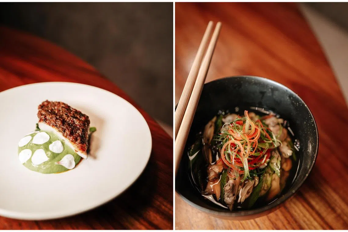 Grilled trevally with seaweed XO, curry emulsion and wild ferns (left) and la mian with Manila clams and chicken consomme at Province.