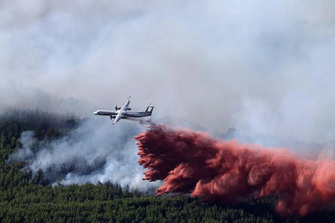 A French Civil Security's firefighting aircraft drops flame retardant to battle a wildfire in Pouzols-Minervois near Narbonne, France, July 2, 2026. REUTERS/Alexandre Dimou TPX IMAGES OF THE DAY
