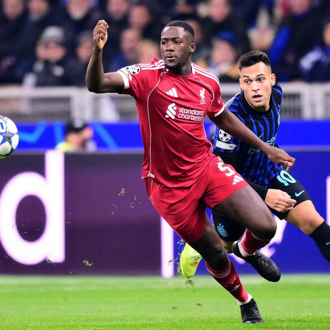 Liverpool's Ibrahima Konate in action (left) with Inter Milan's Lautaro Martinez on Dec 9, during a UEFA Champions League match.