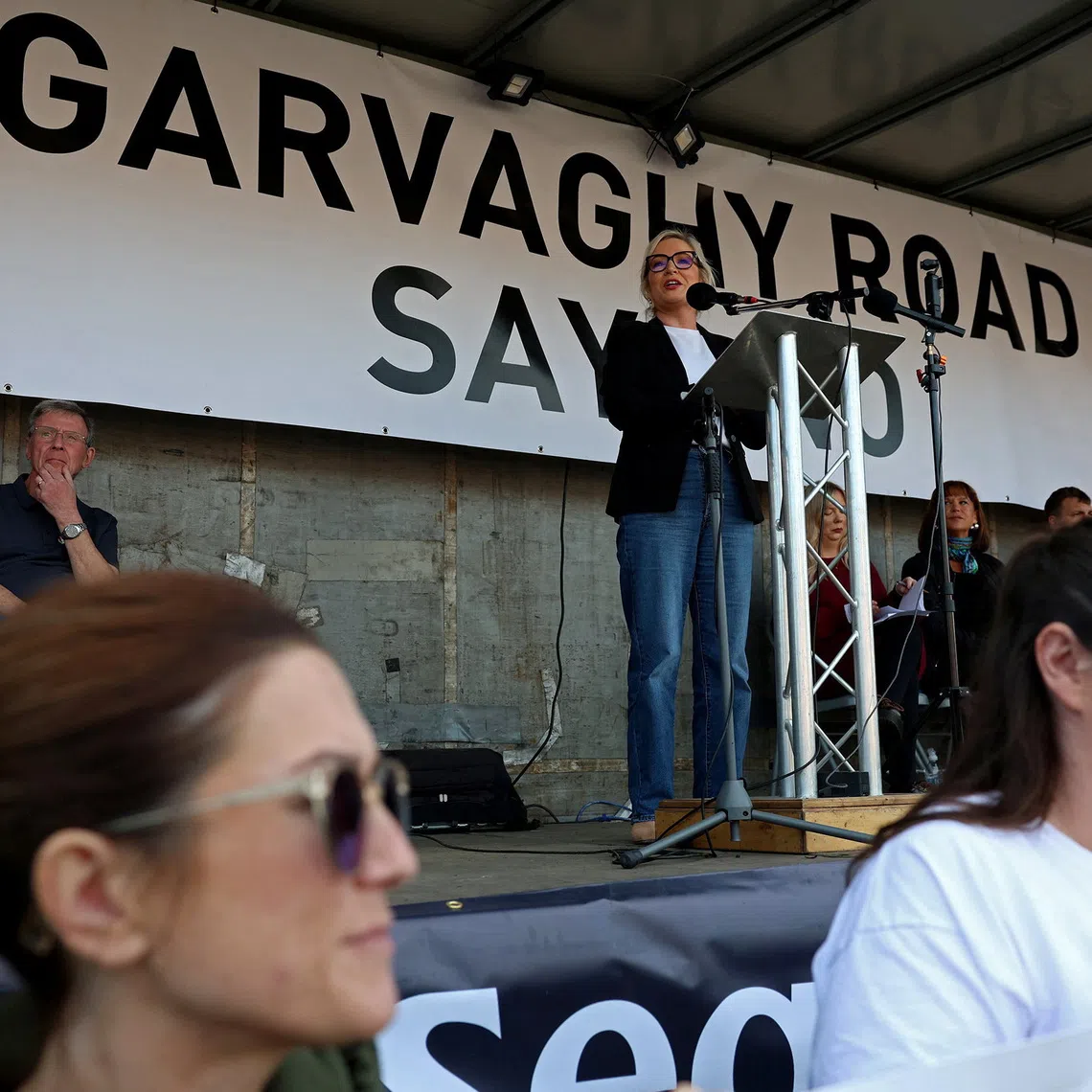 Northern Ireland First Minister, Michelle O'Neill speaks at a protest against an Orange Order parade on the Garvaghy Road, in Portadown, Northern Ireland, October 3, 2026. REUTERS/Cathal McNaughton
