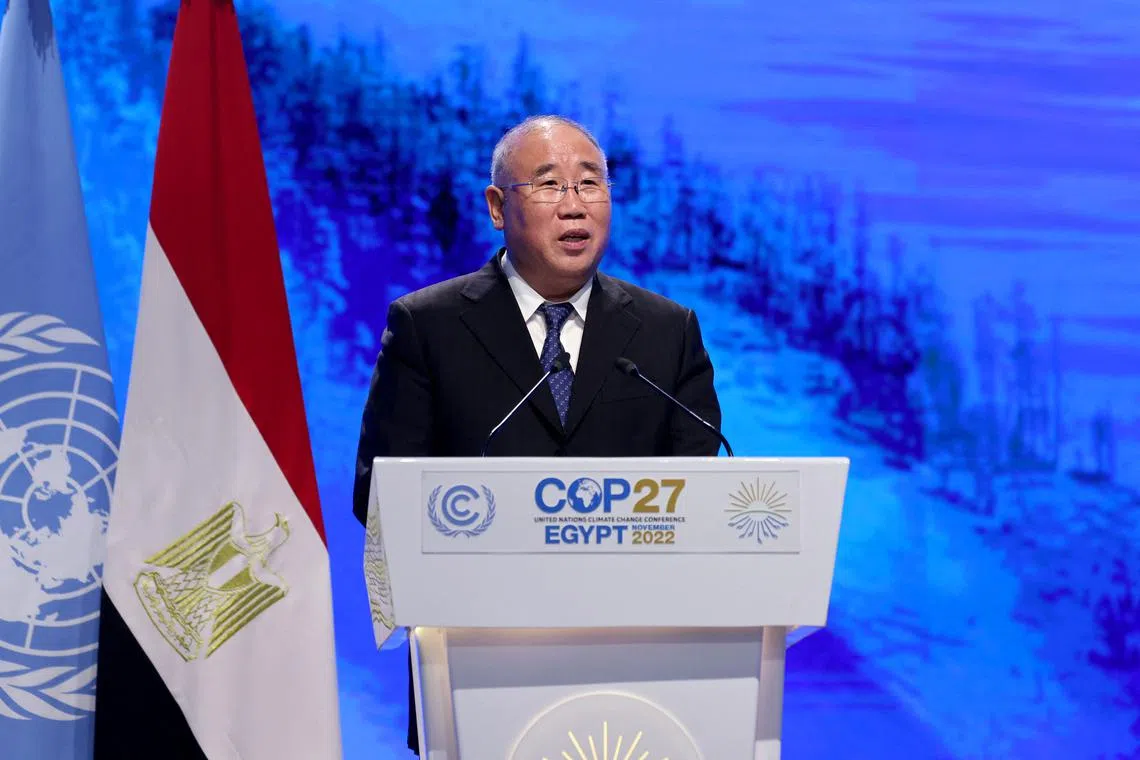 China's special climate envoy Xie Zhenhua delivers a speech at the COP27 climate conference in Egypt on Nov 8, 2022.