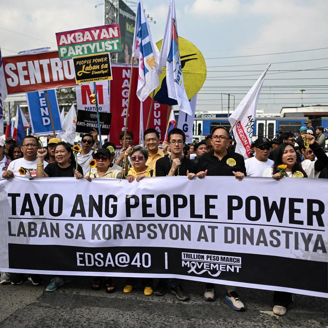 A protest commemorating the 40th anniversary of the 1986 People Power Revolution, which overthrew the late Philippine dictator Ferdinand Marcos, in Quezon City on Feb 25.