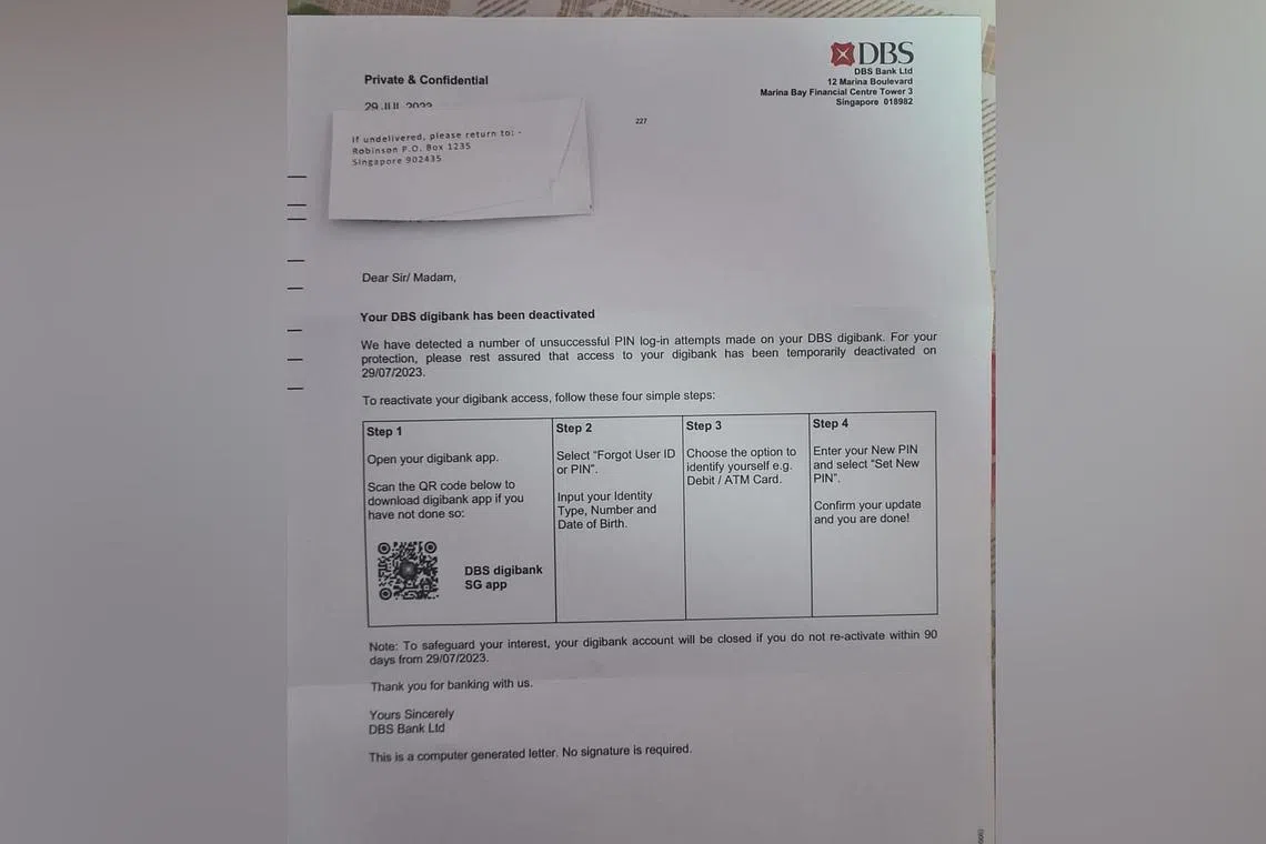 A letter telling users that their bank accounts have been temporarily deactivated are legitimate, said DBS on Friday.
