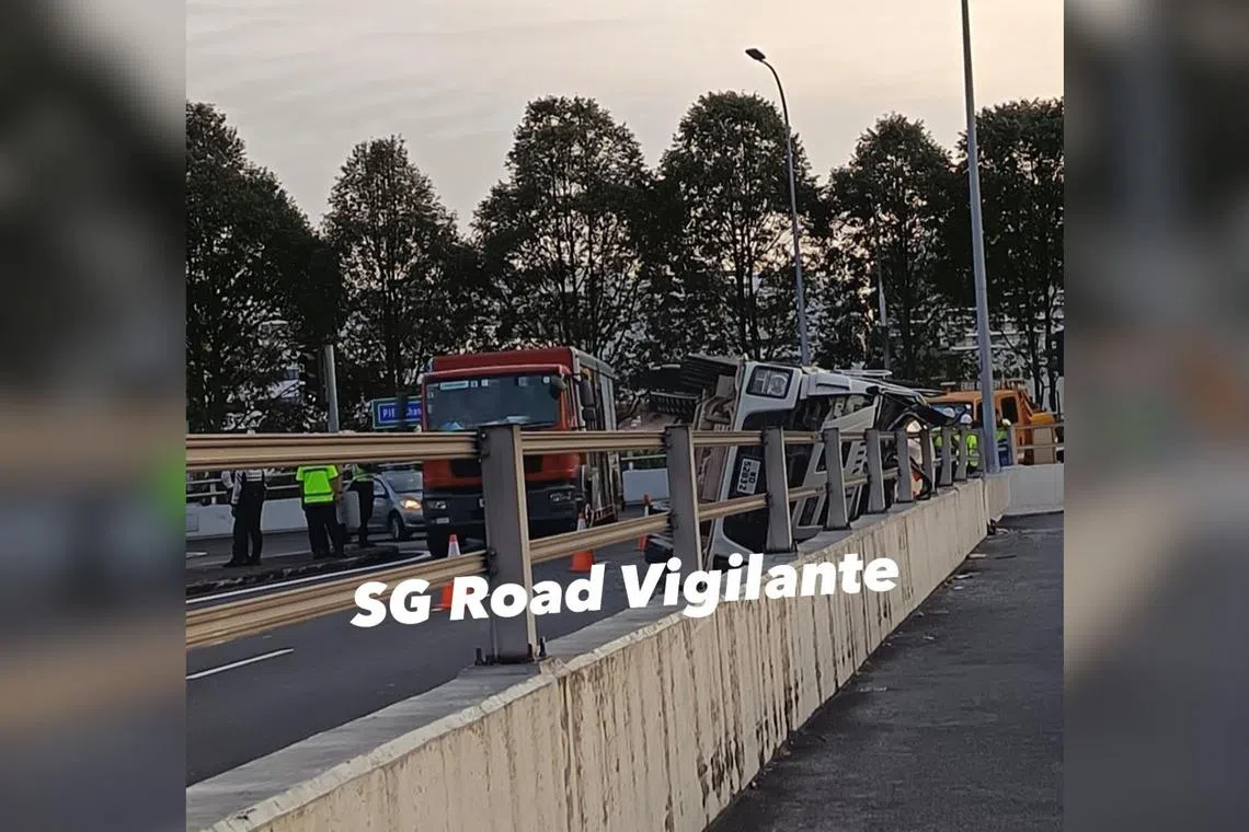 In a photo uploaded onto Facebook page SG Road Vigilante, the cement mixer can be seen lying on its left side.