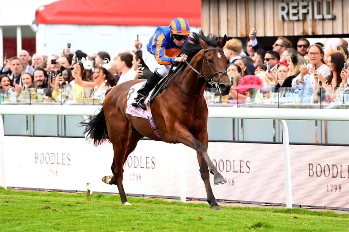 Constitution River (Ryan Moore) winning the Listed Dee Stakes (2,100m) in Chester in England on May 7.

PHOTO: RACING AND 
SPORTS