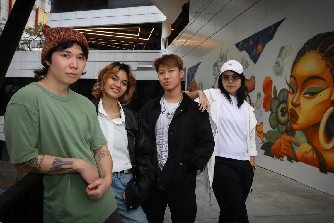 ST20250217_202575600248/dlstreetart/Taryn Ng/Dillon Loh// Young artists part of Scape's Street Art Residency programme pictured at Scape, (from left) Soup, Zeefish, Glenn Ong, Jade (not their real names except for Glenn) on Feb 17, 2025. ST PHOTO: TARYN NG