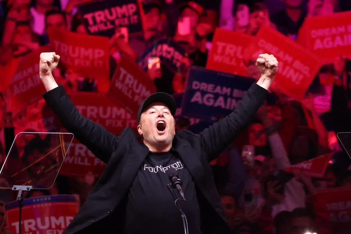 Tesla and X chief executive officer Elon Musk taking to the stage during a campaign rally for Donald Trump, at Madison Square Garden, New York, on Oct 27.