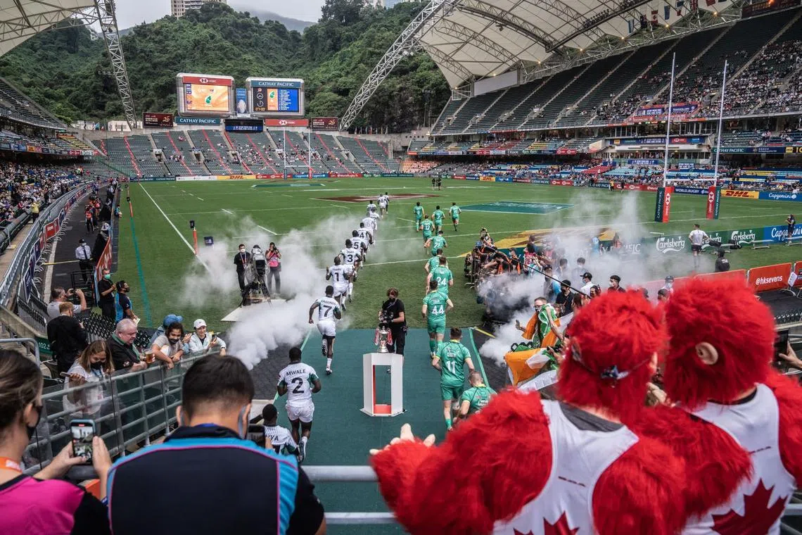 Players from Ireland and Kenya enter the field during the Hong Kong Rugby Sevens on Nov 4, 2022.