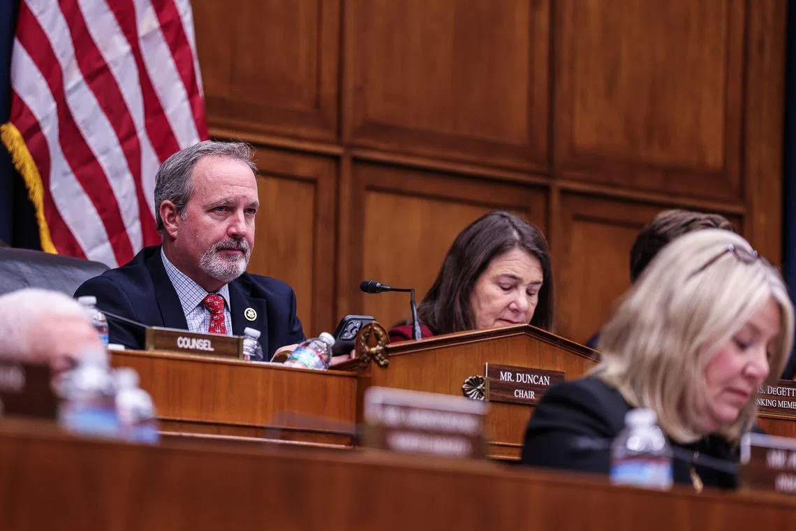 Representative Jeff Duncan, a Republican from South Carolina and chairman of the House Energy and Commerce Subcommittee on Energy, Climate, and Grid Security, left, during a hearing in Washington, DC, US, on Tuesday, Feb. 6, 2024. The US emphasized to importers of liquefied natural gas that the Biden administration's freeze on new approvals for exports is a pause that does not threaten the flow of vital energy supplies. Photographer: Valerie Plesch/Bloomberg