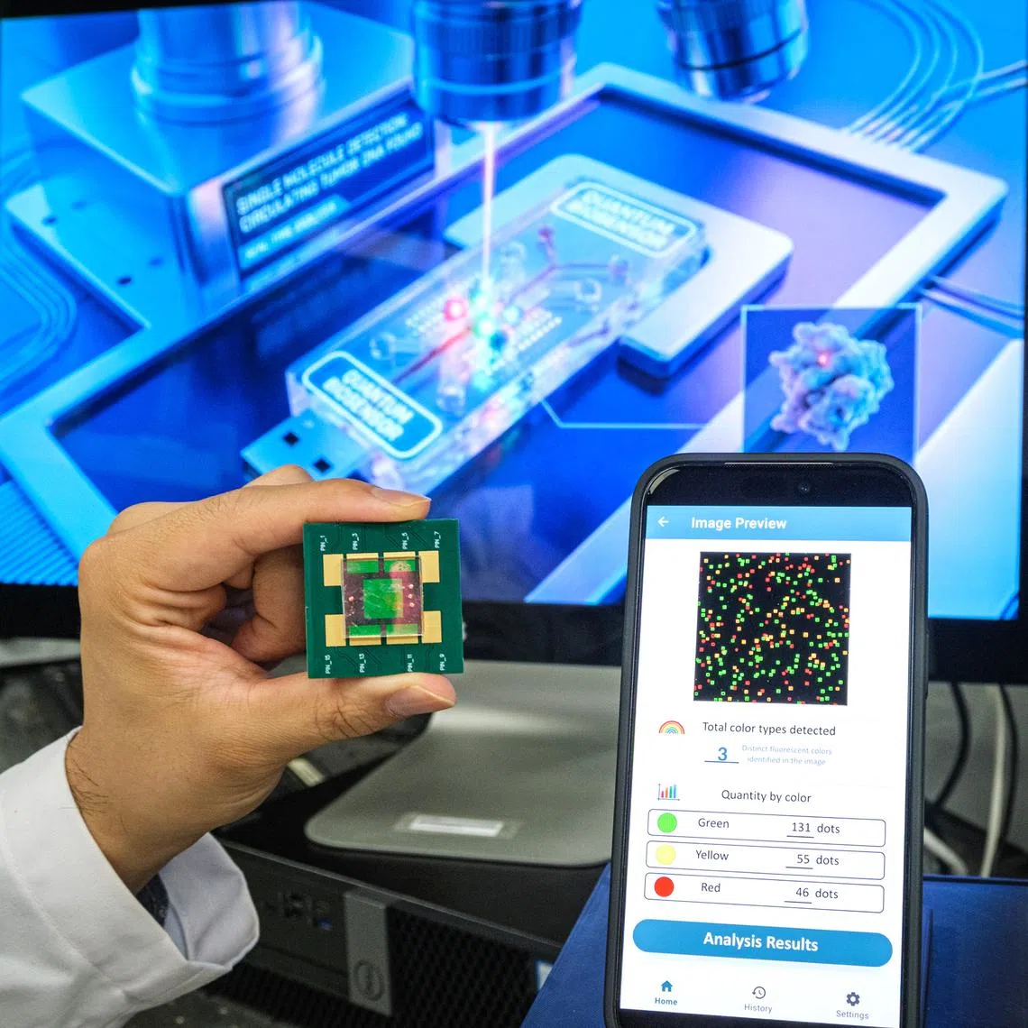The device combines a specially designed nanophotonic chip with artificial intelligence-automated image analysis.