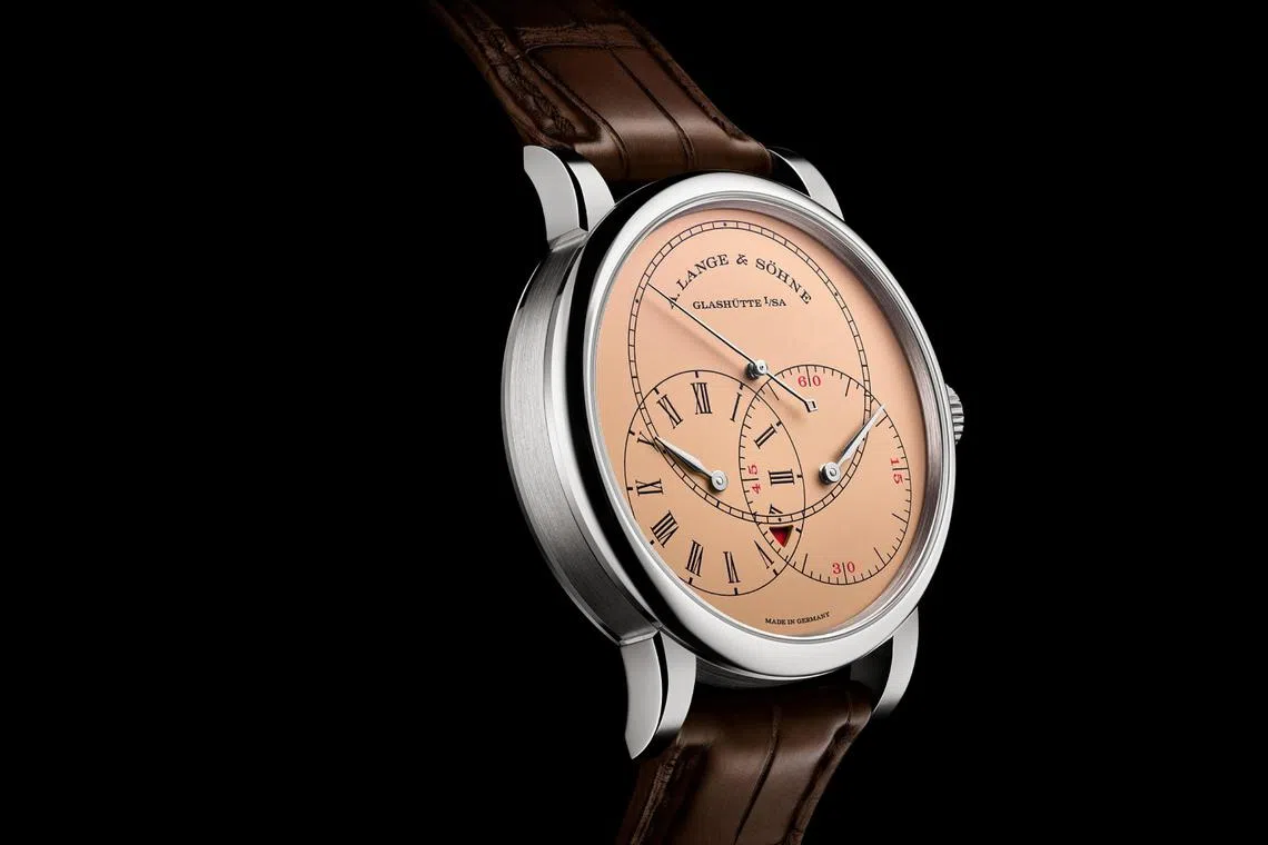 The latest incarnation of A. Lange & Sohne’s Richard Lange Jumping Seconds pairs a warm pink-gold dial with a cool white-gold case. 