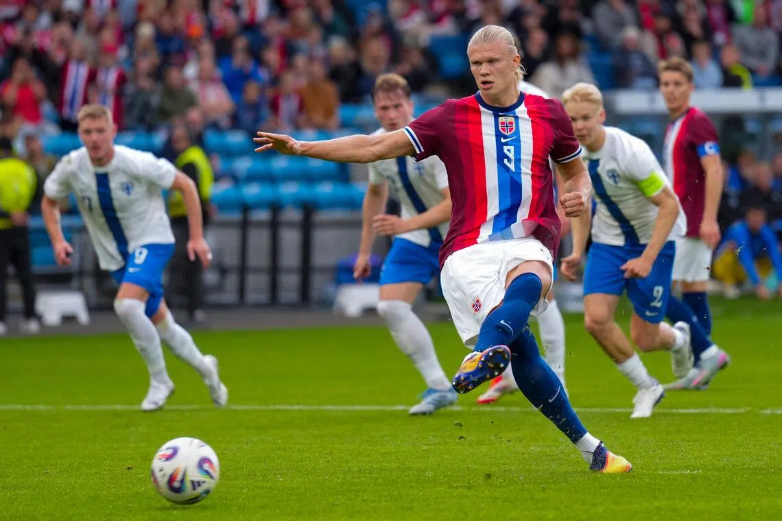 Norway forward Erling Haaland scores a penalty during the International Friendly football match between Norway and Finland, in Oslo on September 4, 2025. 