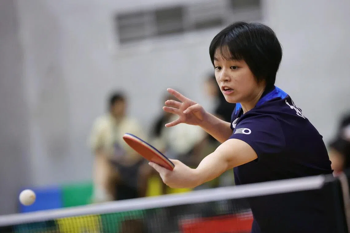 Zhang Yihan of Nanyang Girls’ High School in action against Xu Weiran of Raffles Girls’ School during the girls’ C division table tennis final at Pasir Ris Sports Hall on Aug 6.