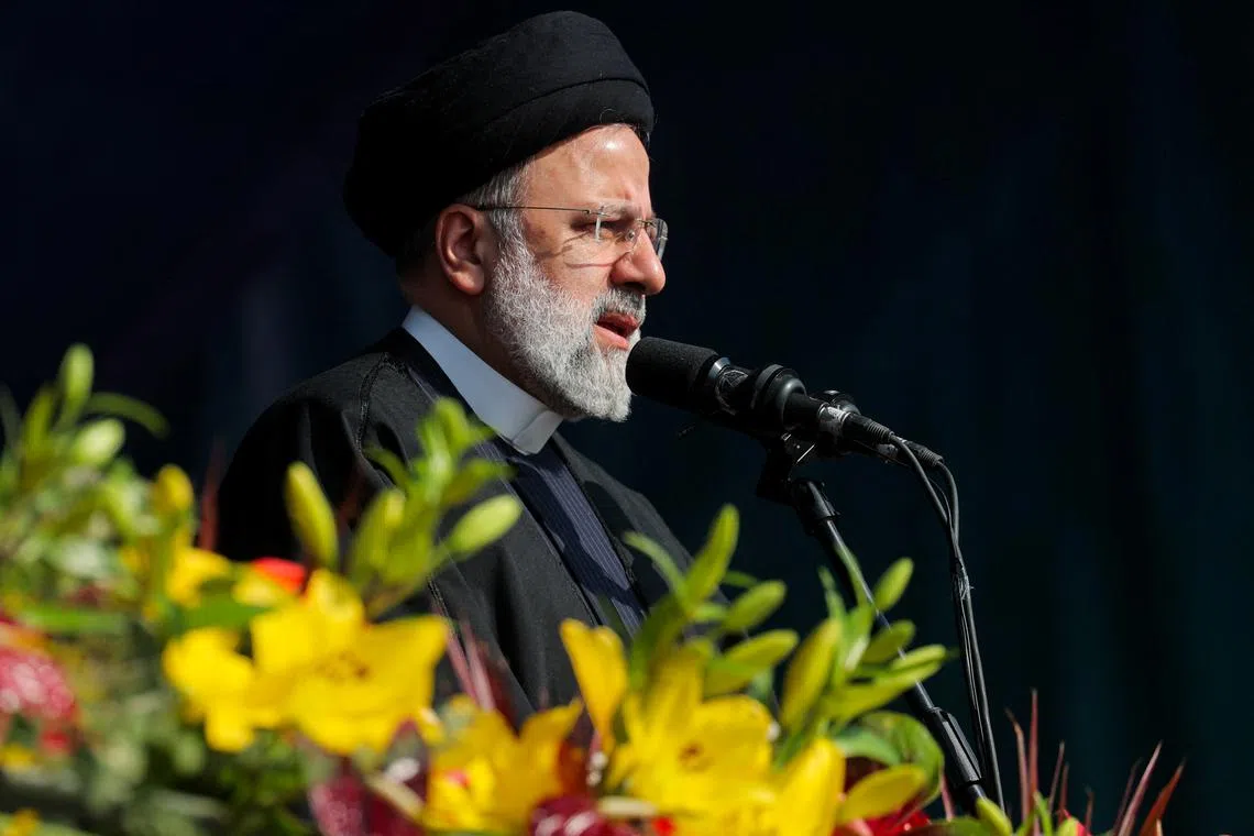 Iranian President Ebrahim Raisi gives a speech during the 45th anniversary of the Islamic Revolution in Tehran, Iran, February 11, 2024. Iran's Presidency/WANA (West Asia News Agency)/Handout via REUTERS/File Photo