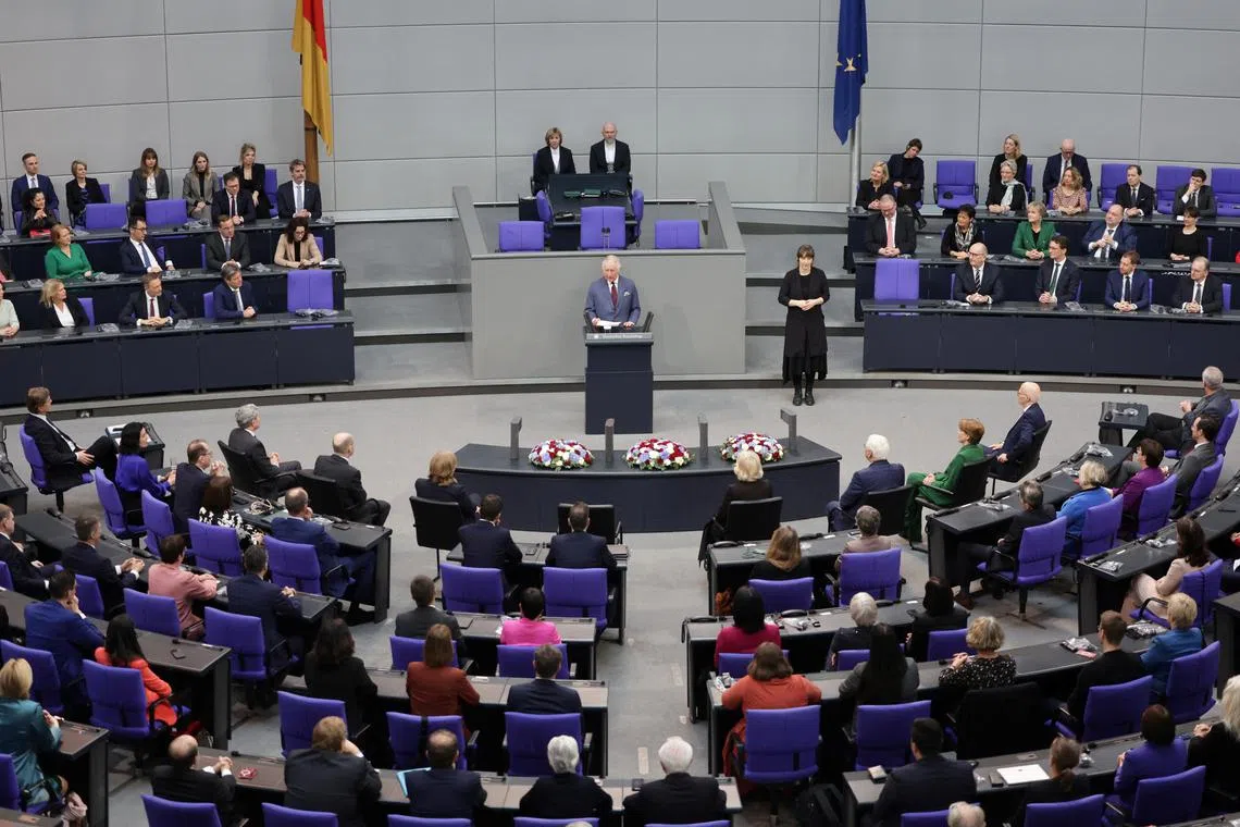 King Charles III addresses members of the German Bundestag, on March 30, 2023, in Berlin.