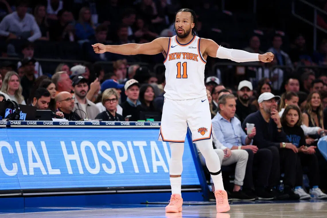 NEW YORK, NEW YORK - OCTOBER 15: Jalen Brunson #11 of the New York Knicks reacts during the first quarter against the Toronto Raptors in a preseason game at Madison Square Garden on October 15, 2026 in New York City.   Caleb Bowlin/Getty Images/AFP (Photo by Caleb Bowlin / GETTY IMAGES NORTH AMERICA / Getty Images via AFP)