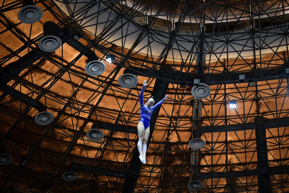 Russia's Bladtceva Anzhela performing during the trampoline event at the ALBA Games in Domo Jose Maria Vargas, La Guaira, Venezuela on April 28, 2023.