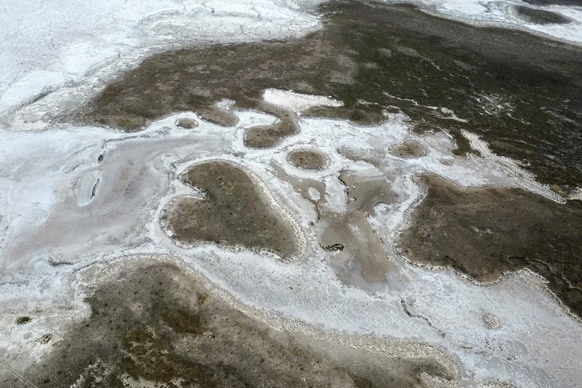 A partially dried-up Tuz Gölü (Salt Lake), with a dry patch resembling a heart, in the Central Anatolia Region of Turkey, on August 25, 2024.