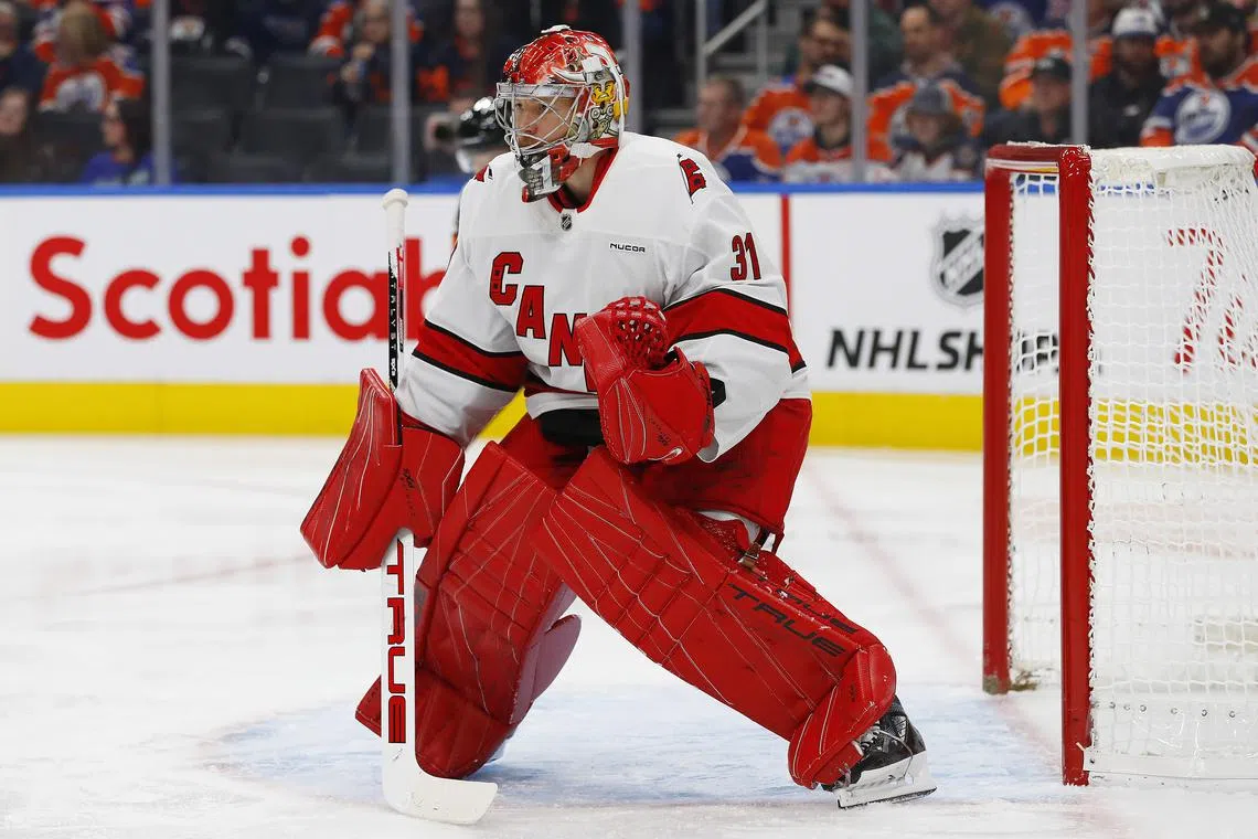 FILE PHOTO: Oct 22, 2024; Edmonton, Alberta, CAN; Carolina Hurricanes goaltender Frederik Andersen (31) follows the play against the Edmonton Oilers at Rogers Place. Perry Nelson-Imagn Images/File Photo