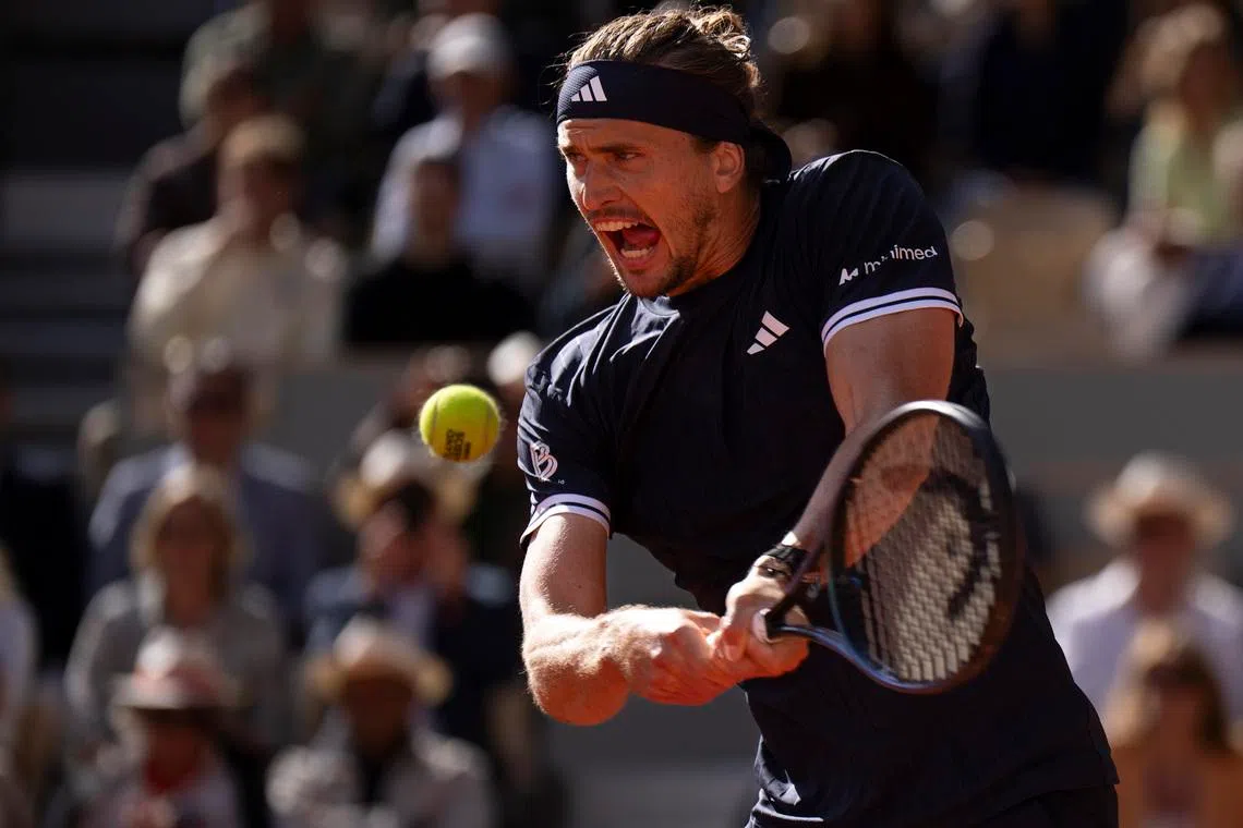 Alexander Zverev of Germany returns a shot during his match against Jakub Mensik of Czechia on day 12 at Stade Roland Garros, Paris, France, Jun 5, 2026. Mandatory Credit: Susan Mullane-Imagn Images
