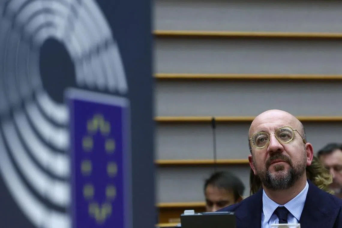 European Council President Charles Michel looks on during a plenary session at the EU Parliament in Brussels, Belgium November 8, 2023. REUTERS/Yves Herman