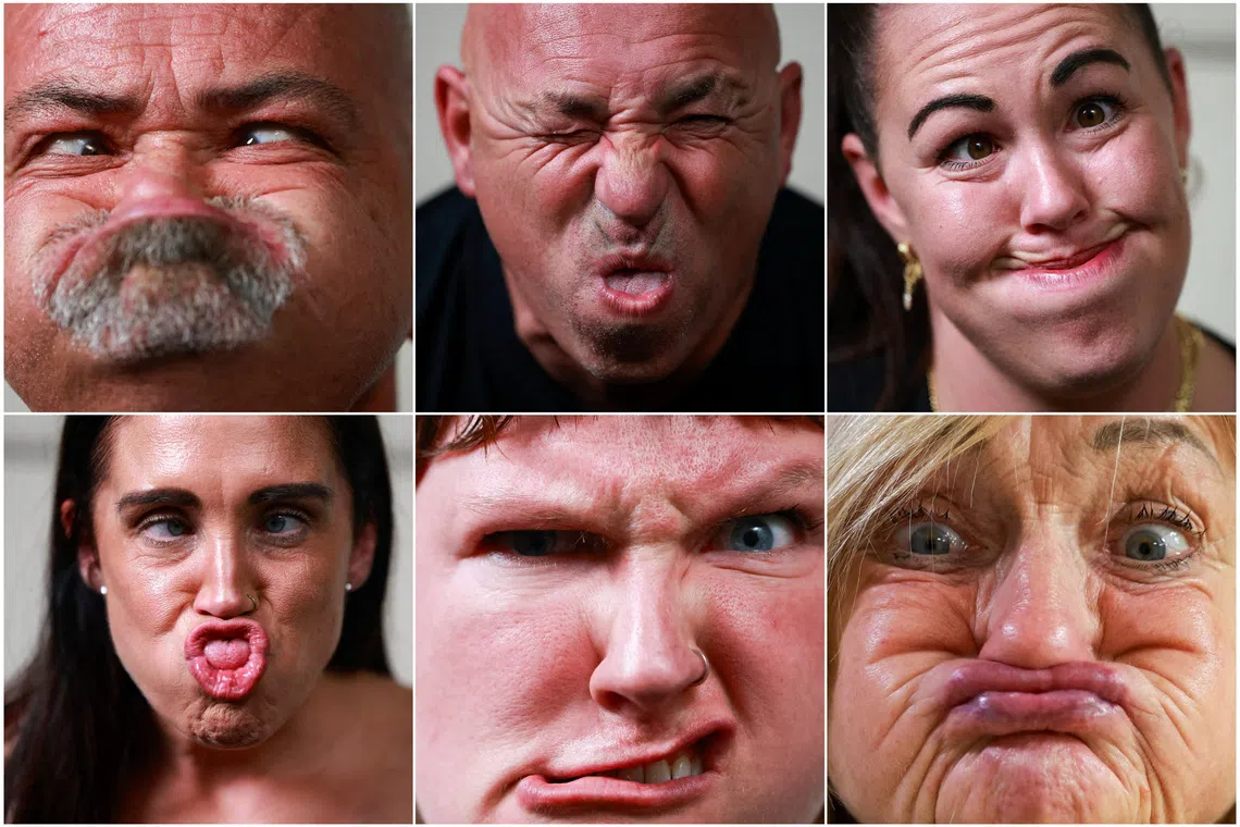 A combination picture shows male gurning champion Ged Eccles (top left), Dan Johnson (top centre), Caroline Leonard (top right), female gurning champion Claire Lister (bottom left), Claire Hartlay (bottom centre) and female gurning champion Lynne Kelly (bottom right), practicing for the World Gurning Championships, where competitors are judged on their ability to pull their most contorted expressions, in Egremont, Britain, September 19, 2026. REUTERS/Temilade Adelaja TPX IMAGES OF THE DAY