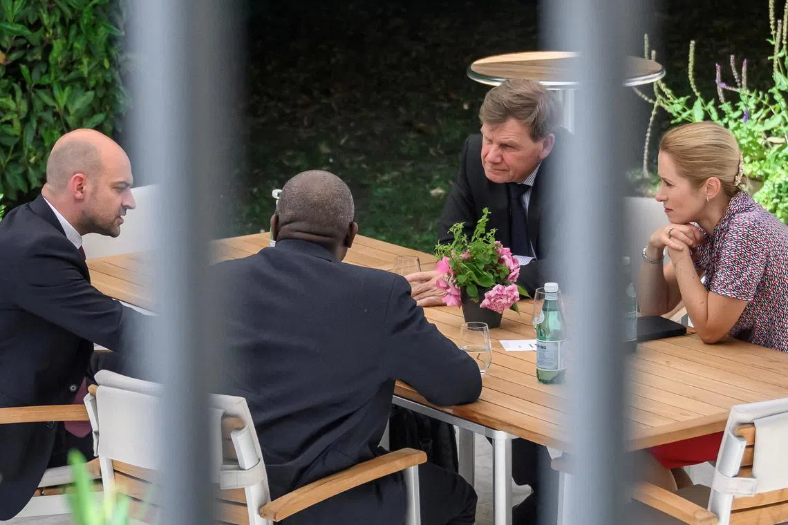 French Minister for Europe and Foreign Affairs Jean-Noel Barrot, British Foreign Secretary David Lammy, German Foreign Minister Johann Wadephul and European Union High Representative for Foreign Affairs and Security Policy, Kaja Kallas, meet at an outdoor terrace table at the offices of the honorary Consul of the Federal Republic of Germany in Geneva, Switzerland June 20, 2025, during a meeting of European foreign ministers, as European countries call for de-escalation of tensions after Israeli airstrikes on Iran aimed at breaking the Iranian nuclear programme. Top European diplomats are set to meet with Iran's Foreign Minister Abbas Araghchi in Geneva to discuss Iran's nuclear programme.  Fabrice Coffrini/Pool via REUTERS