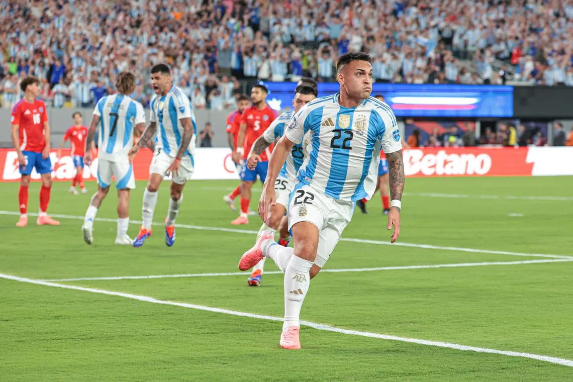 Argentina forward Lautaro Martinez celebrates after scoring against Chile in the 1-0 Copa America win.