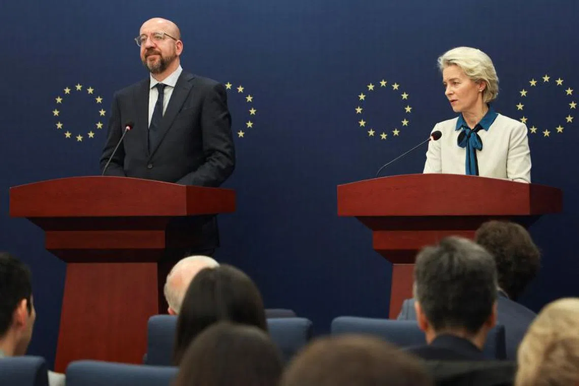 European Commission President Ursula von der Leyen and European Council President Charles Michel attend a press conference in Beijing, China December 7, 2023. REUTERS/Xiaoyu Yin