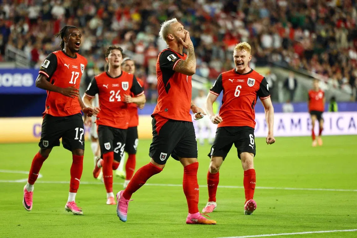 Soccer Football - FIFA World Cup 2026 - Group J - Austria v Jordan - San Francisco Bay Area Stadium, Santa Clara, California, U.S. - June 16, 2026 Austria's Marko Arnautovic celebrates scoring their third goal REUTERS/Eloisa Lopez