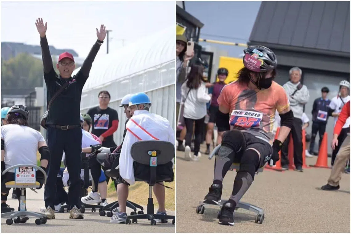 Clock watching of a different kind: White-collar workers race on office chairs down streets in Japan