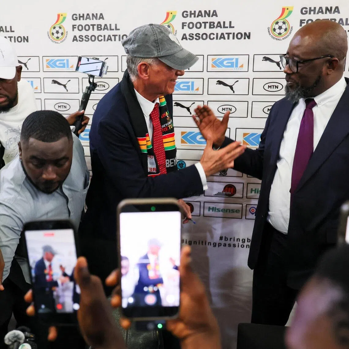 Carlos Queiroz, 73, with Kurt Okraku, president of the Ghana Football Association, at a press conference  in Accra, on April 23, 2026 as he assumed the role of head coach of the Black Stars ahead of the World Cup.