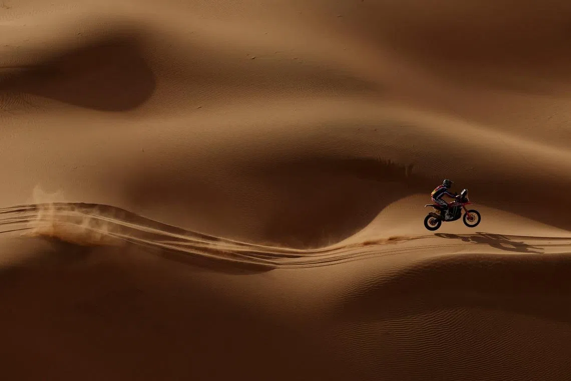 A rider in action during stage seven of the Dakar Rally, from Riyadh to Wadi Ad-Dawasir, held in Riyadh, Saudi Arabia, on Jan 11, 2026.