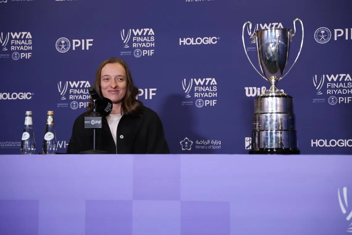 Iga Swiatek during a press conference ahead of the WTA Finals. The Pole is 6-2 in tiebreakers against top-10 players, which may give her an edge when required.