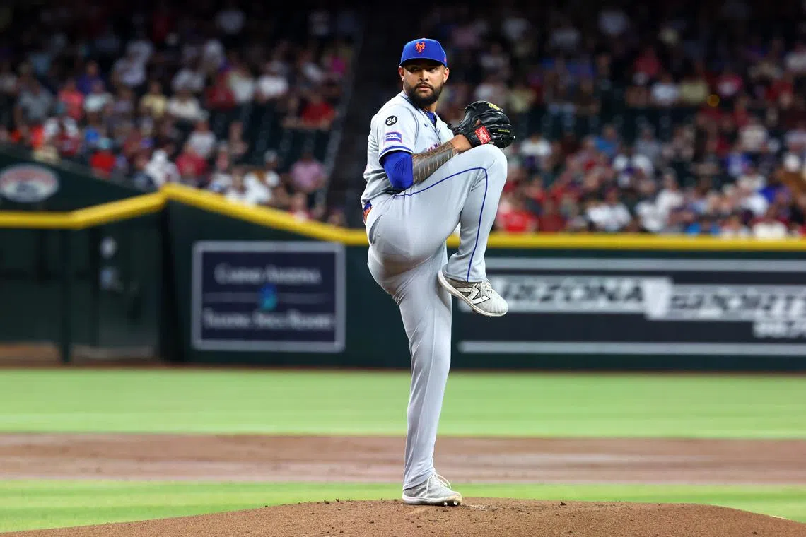 Aug 27, 2024; Phoenix, Arizona, USA; New York Mets pitcher Sean Manaea against the Arizona Diamondbacks at Chase Field. Mark J. Rebilas-USA TODAY Sports/File Photo
