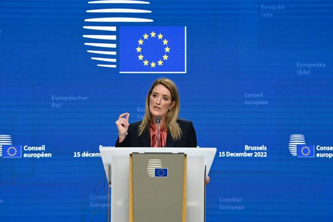 European Parliament President Roberta Metsola attends a press conference during the European Council Summit in Brussels, on Dec 15, 2022. 