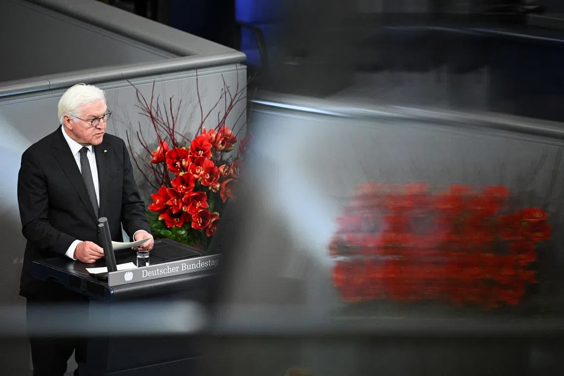 FILE PHOTO: German President Frank-Walter Steinmeier holds a speech during the Remembrance Day ceremony at the lower house of parliament, the Bundestag, in Berlin, Germany November 17, 2024. REUTERS/Annegret Hilse/File Photo